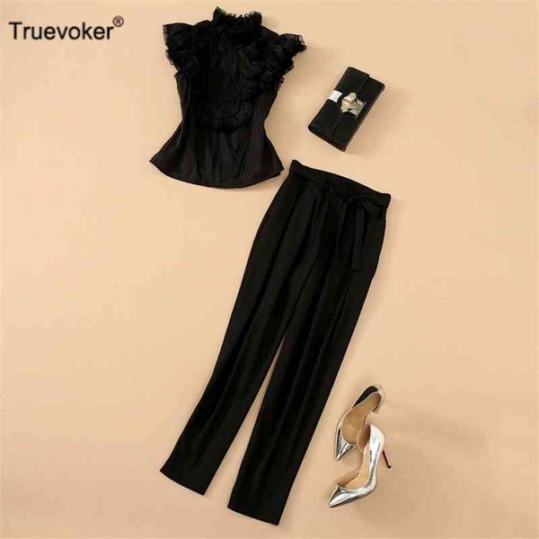 truevoker summer runway fashion pant set women's sleevless ruffle embroidery black with long two pieces suit 210602, White 
truevoker summer runway fashion pant set women's sleevless ruffle embroidery black with long two pieces suit 210602, White