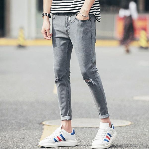 summer korean version of the trend original nine points hole slim feet thin section casual jeans 27-36 men's, Blue
summer korean version of the trend original nine points hole slim feet thin section casual jeans 27-36 men's, Blue
