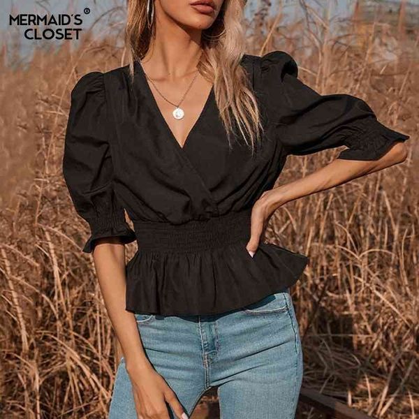 women's knits & tees spring v neck blcak blouses women half sleeve casual office female solid ruffles slim chic work r64s, White
women's knits & tees spring v neck blcak blouses women half sleeve casual office female solid ruffles slim chic work r64s, White