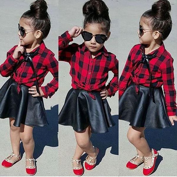 boutique toddler kids girl plaid shirt leather skirt dress outfits set, White