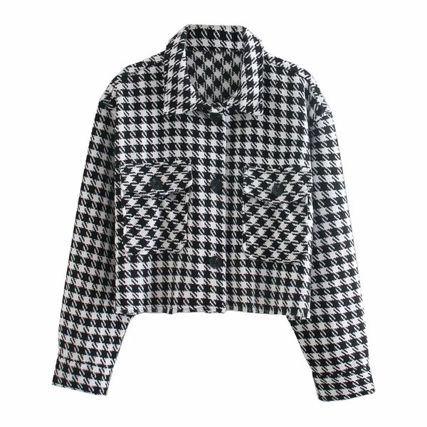 fashion retro women's lapel single breasted pocket classic houndstooth plaid short shirt style chic jacket 210521, Black;brown
fashion retro women's lapel single breasted pocket classic houndstooth plaid short shirt style chic jacket 210521, Black;brown