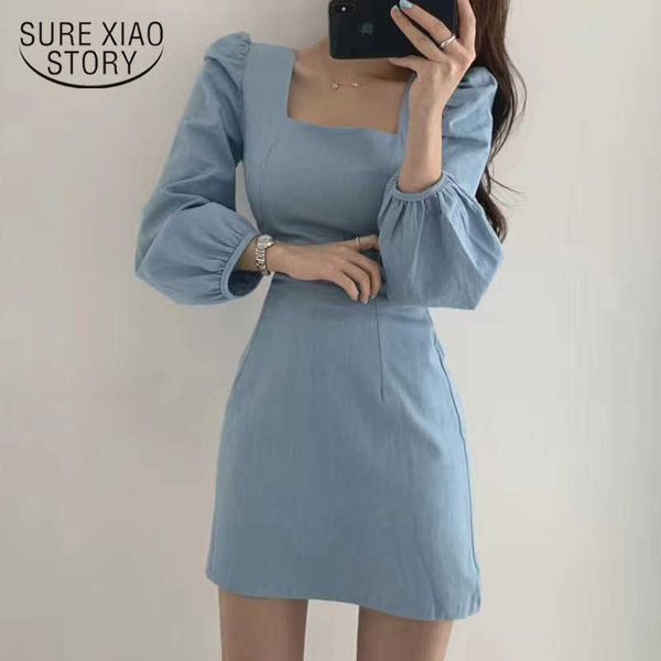 korean women high waist solid puff sleeve bag hip short dress chic square collar expose clavicle slim fit dress vestidos 12148 210528, Black;gray 
korean women high waist solid puff sleeve bag hip short dress chic square collar expose clavicle slim fit dress vestidos 12148 210528, Black;gray