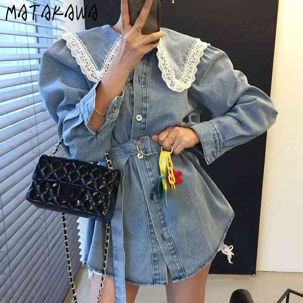 matakawa puff sleeve denim dress for women korea retro lace stitching big lapel dress vestidos breasted lace waist femme robe 210513, Black;gray
matakawa puff sleeve denim dress for women korea retro lace stitching big lapel dress vestidos breasted lace waist femme robe 210513, Black;gray