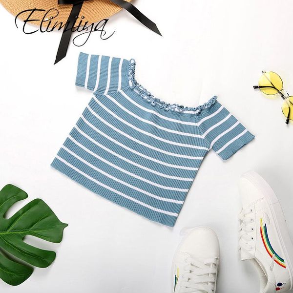 women's t-shirt elimiiya women t-shirts off shoulder knitting crop female short sleeve stretchy ruffles stripes for lady, White
women's t-shirt elimiiya women t-shirts off shoulder knitting crop female short sleeve stretchy ruffles stripes for lady, White