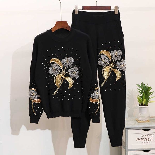 women's two piece pants autumn fashion knit suit women sets beading flowers long sleeve sweater set female casual knitted tra wd79, White
women's two piece pants autumn fashion knit suit women sets beading flowers long sleeve sweater set female casual knitted tra wd79, White