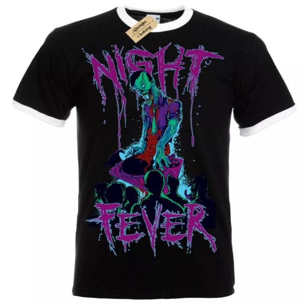 night fever t-shirt zombie dj rave club mens ringer, White;black
night fever t-shirt zombie dj rave club mens ringer, White;black