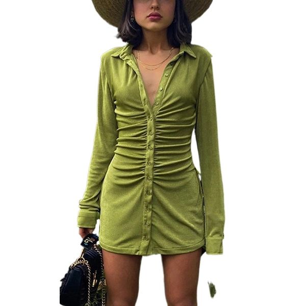 women long sleeve shirt dress spring turn-down collar button pleated green bodycon dress female vintage sheath mini dresses 210414, Black;gray
women long sleeve shirt dress spring turn-down collar button pleated green bodycon dress female vintage sheath mini dresses 210414, Black;gray