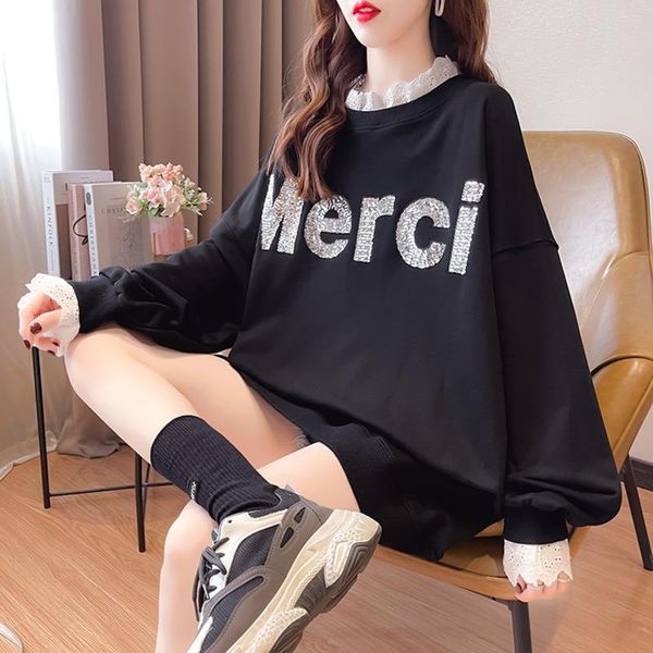 women's hoodies & sweatshirts #5568 autumn spliced lace o neck false two piece sweatshirt women loose sequined letters long sleeves fem, Black
women's hoodies & sweatshirts #5568 autumn spliced lace o neck false two piece sweatshirt women loose sequined letters long sleeves fem, Black