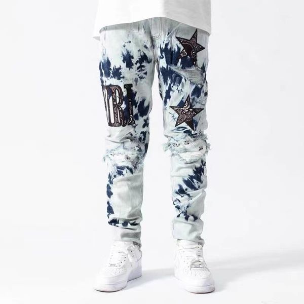 men's jeans european and american street tie-dyed embroidery ripped pants casual slim style size 40, Blue
men's jeans european and american street tie-dyed embroidery ripped pants casual slim style size 40, Blue
