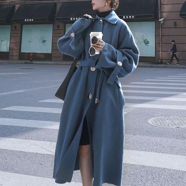 women's wool & blends women elegant winter overcoat long bandage woolen coat cardigan loose plus size abrigos mujer manteau femme hiver, Black