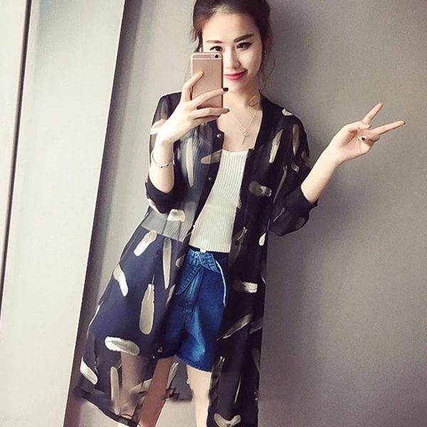 women's blouses & shirts women summer beach thin coat chiffon print 3/4 sleeves casual loose sunscreen lady long blouse swd889, White
women's blouses & shirts women summer beach thin coat chiffon print 3/4 sleeves casual loose sunscreen lady long blouse swd889, White