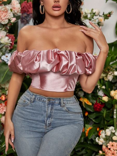 sxy off shoulder ruched satin crop z1cq#, White 
sxy off shoulder ruched satin crop z1cq#, White