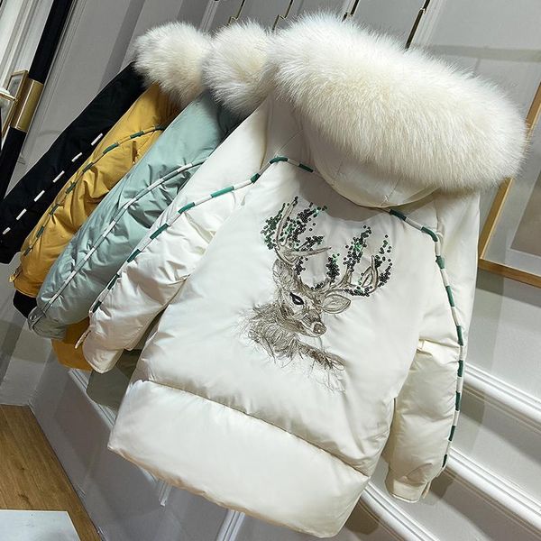 women's down & parkas jacket mid-length thick large fur collar loose korean white duck 2021 back embroidered, Black
women's down & parkas jacket mid-length thick large fur collar loose korean white duck 2021 back embroidered, Black