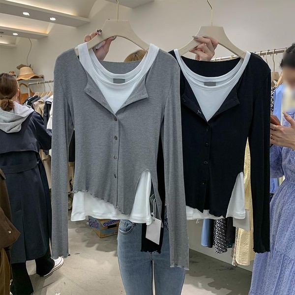 women's knits & tees 2021 spring fashion women two piece sets irregular split gray knitted cardigans + bottoming vest t-shirt feminine, White
women's knits & tees 2021 spring fashion women two piece sets irregular split gray knitted cardigans + bottoming vest t-shirt feminine, White