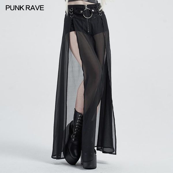 women's punk high waist fake two-pieces half skirt simple style split hem perspective chiffon women long skirts, Black
women's punk high waist fake two-pieces half skirt simple style split hem perspective chiffon women long skirts, Black