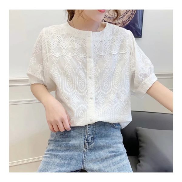 women's blouses & shirts sweet gothic embroidery o-neck cotton short sleeve shirt summer women iijp, White
women's blouses & shirts sweet gothic embroidery o-neck cotton short sleeve shirt summer women iijp, White
