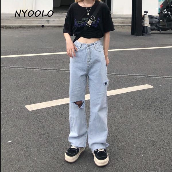 women's jeans nyoolo casual streetwear high waist destroyed hole washed women harajuku loose straight denim pants overalls, Blue
women's jeans nyoolo casual streetwear high waist destroyed hole washed women harajuku loose straight denim pants overalls, Blue