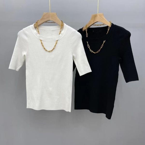 brand fashion women high luxury summer casual elegant metal chain stretch knitted t-shirt tees women's, White
brand fashion women high luxury summer casual elegant metal chain stretch knitted t-shirt tees women's, White