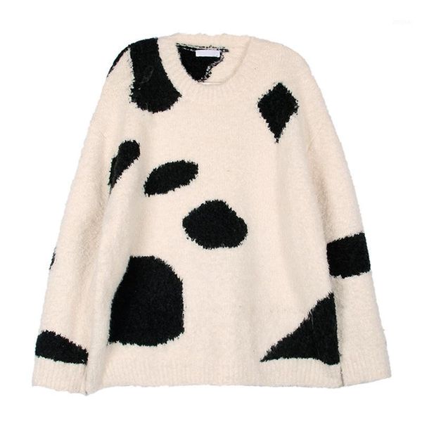women crew neck sweater knitted pullovers beige white cow print loose winter casual m0446 women's sweaters, White;black
women crew neck sweater knitted pullovers beige white cow print loose winter casual m0446 women's sweaters, White;black