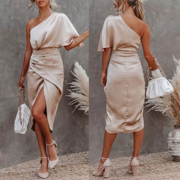 ruched satin summer party dress one shoulder backless long dresses for women prom evening gowns, Black
ruched satin summer party dress one shoulder backless long dresses for women prom evening gowns, Black