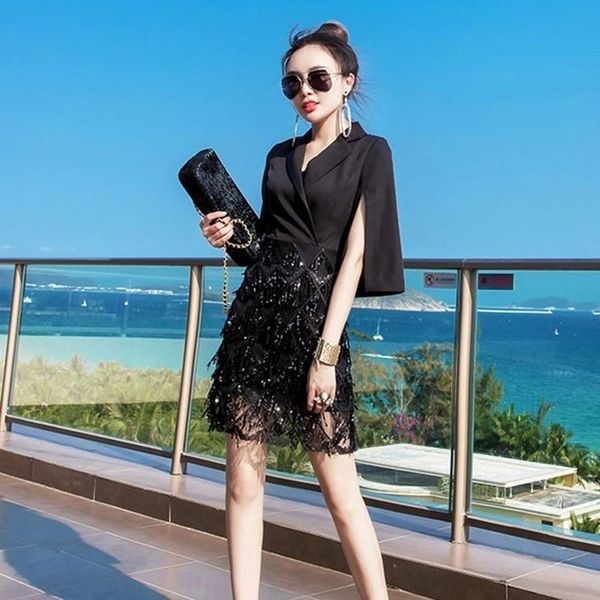 casual dresses summer fashion white black women fake two pieces tassel beaded dress office lady chic cloak sleeves notched, Black;gray
casual dresses summer fashion white black women fake two pieces tassel beaded dress office lady chic cloak sleeves notched, Black;gray