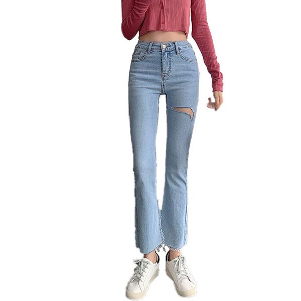 women's jeans high end women cotton spandex denim pants flare hem vintage wash grinding with hole at thigh splits, Blue
women's jeans high end women cotton spandex denim pants flare hem vintage wash grinding with hole at thigh splits, Blue