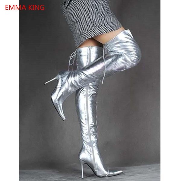 silver patent leather women shoes over knee long boots pointed toe lace up stilettos high heels winter fashion thigh, Black
silver patent leather women shoes over knee long boots pointed toe lace up stilettos high heels winter fashion thigh, Black
