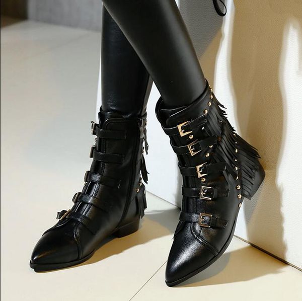 boot retro-pointed finger-down thick-heels high leather buckle-belt tassel with side fashion zipper boots, Black
boot retro-pointed finger-down thick-heels high leather buckle-belt tassel with side fashion zipper boots, Black