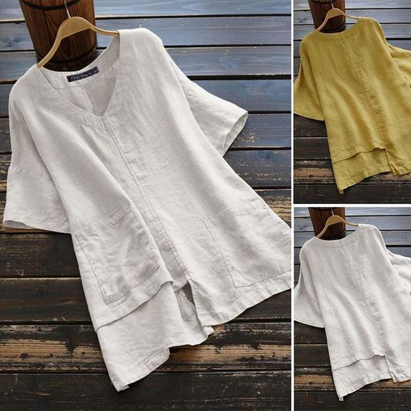 summer fashion asymmetrical short sleeve women blouses solid cotton causal v neck ladies pockets chemise, White
summer fashion asymmetrical short sleeve women blouses solid cotton causal v neck ladies pockets chemise, White