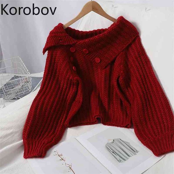 korobov korean off shoulder slash neck women sweaters vintage long sleeve sueter mujer elegant fashion button pullovers 210430, White;black
korobov korean off shoulder slash neck women sweaters vintage long sleeve sueter mujer elegant fashion button pullovers 210430, White;black