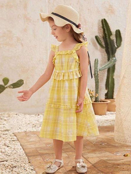 toddler girls plaid ruffle trim cami dress she, Red;yellow