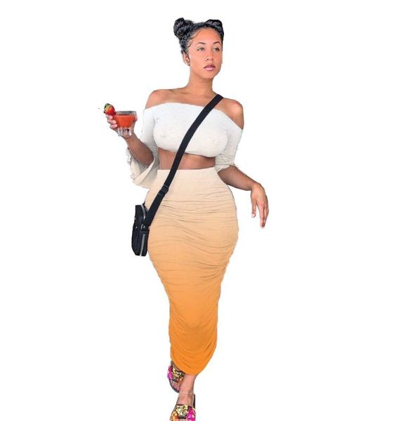 style women's strapless flare sleeve crop and draped two piece sets with gradient color printed summer, White
style women's strapless flare sleeve crop and draped two piece sets with gradient color printed summer, White