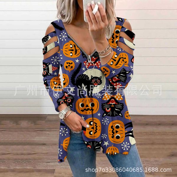 2021 autumn winter new halloween theme printed hollow v-neck long sleeve t-shirt, White
2021 autumn winter new halloween theme printed hollow v-neck long sleeve t-shirt, White