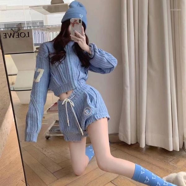 21s spring and summer smfk water ice blue jacket knitted shorts suit trend women's two piece pants, White
21s spring and summer smfk water ice blue jacket knitted shorts suit trend women's two piece pants, White