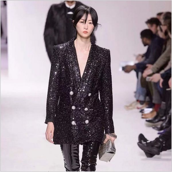 women's wool & blends personality style original design double-breasted metal buckle coat blazer slim lurex sequins long jacket 3mkn, Black
women's wool & blends personality style original design double-breasted metal buckle coat blazer slim lurex sequins long jacket 3mkn, Black