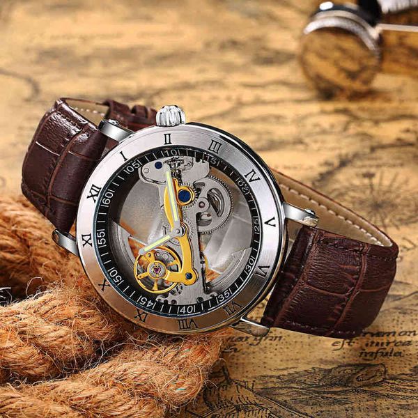 3atm new men creative watches watertight transparent case automatic mechanical human tours clocks relogio masculino, Slivery;brown
