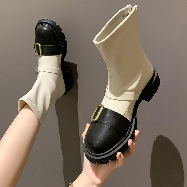 british style belt buckle martin women's autumn and winter 2021 color matching short thick heel round head fashion boots, Black
british style belt buckle martin women's autumn and winter 2021 color matching short thick heel round head fashion boots, Black