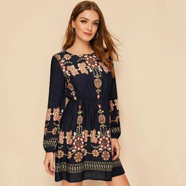 casual dresses 2021 vintage women boho long sleeve floral print dress evening party mini, Black;gray 
casual dresses 2021 vintage women boho long sleeve floral print dress evening party mini, Black;gray