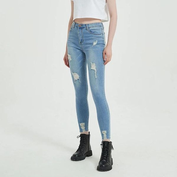 women's jeans frayed elastic pencil woman's tight holes stretch trousers for women, Blue
women's jeans frayed elastic pencil woman's tight holes stretch trousers for women, Blue