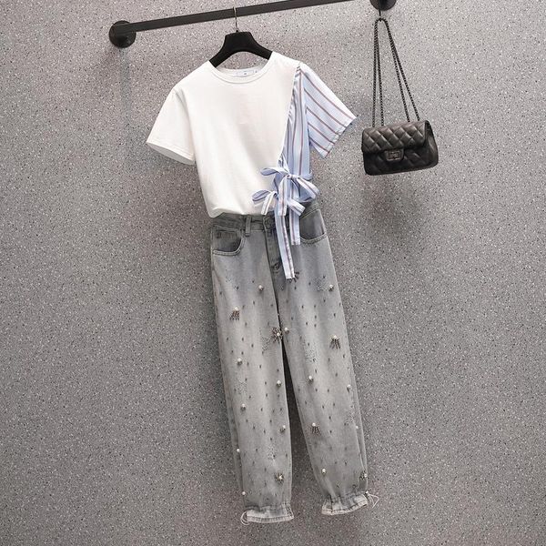 plus size women casual beaded jeans set 2021 summer fashion striped print t shirt and high waist pants two piece suit women's, White
plus size women casual beaded jeans set 2021 summer fashion striped print t shirt and high waist pants two piece suit women's, White