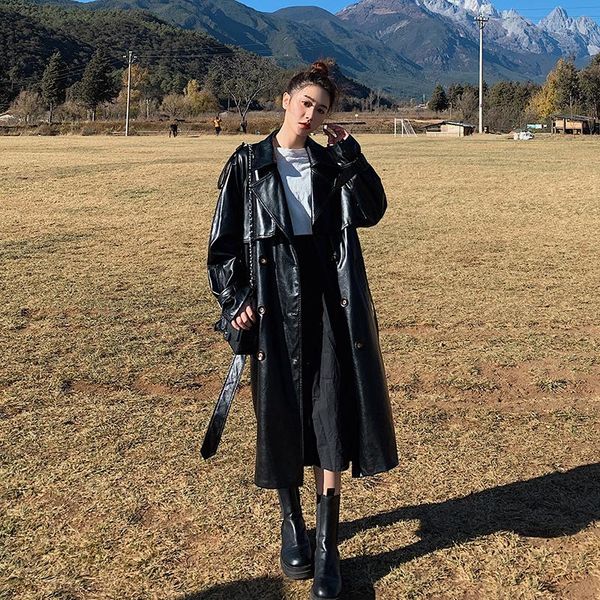 women's trench coats 2021 fashion oversize black pu leather coat for lady double-breasted long with belt women duster spring autumn, Tan;black
women's trench coats 2021 fashion oversize black pu leather coat for lady double-breasted long with belt women duster spring autumn, Tan;black