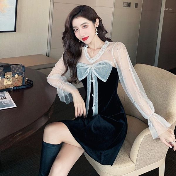 long sleeve clothes 2021 autumn winter bow neck velvet mesh temperament korean version black dress 895j casual dresses, Black;gray
long sleeve clothes 2021 autumn winter bow neck velvet mesh temperament korean version black dress 895j casual dresses, Black;gray