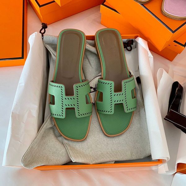 slippers new h slippers in summer, one line slipper, palm print, honey wax line, leather flat shoes, beach casual girl zly, Black