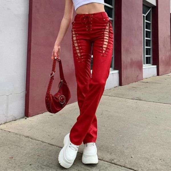 women's pants & capris hollow out bandage hipster straight trousers women 2021 faux pu leather solid fashion street style female, Black;white