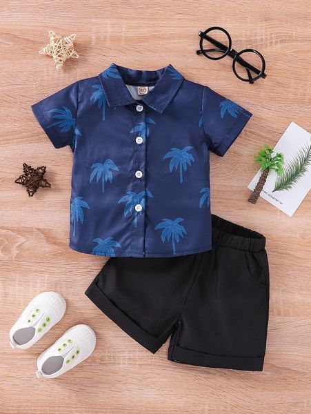 baby coconut tree print button through shirt & shorts she, White 
baby coconut tree print button through shirt & shorts she, White
