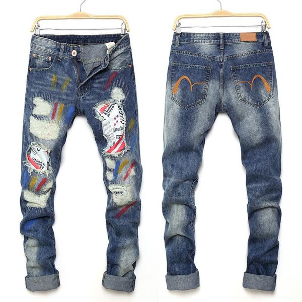european and american torn men's jeans street lacquer raven for men trendy straight tube cloth paint trousers beggar pants, Blue
european and american torn men's jeans street lacquer raven for men trendy straight tube cloth paint trousers beggar pants, Blue
