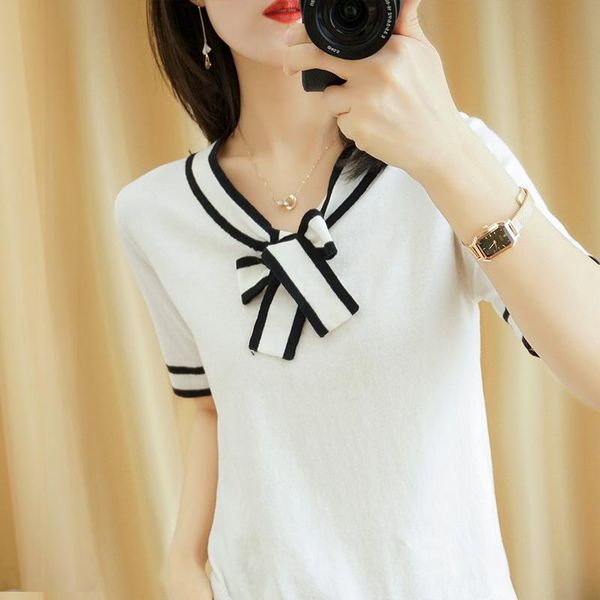 women's t-shirt pure cotton 2021 spring and summer bow tie collar ladies casual knit short-sleeved pullover tees, White
women's t-shirt pure cotton 2021 spring and summer bow tie collar ladies casual knit short-sleeved pullover tees, White