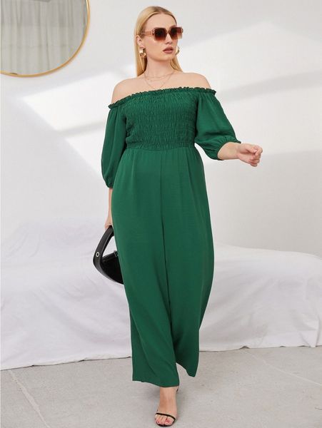 plus off shoulder frill trim shirred jumpsuit 95tg#, Black
plus off shoulder frill trim shirred jumpsuit 95tg#, Black