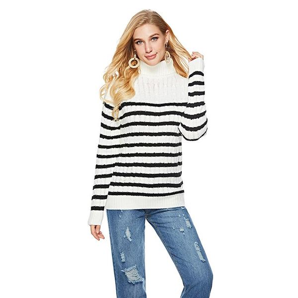 women's sweaters winter long sleeve oversized knitted jumpers ladies black white gray turtleneck striped for women pullover plus size, White;black
women's sweaters winter long sleeve oversized knitted jumpers ladies black white gray turtleneck striped for women pullover plus size, White;black