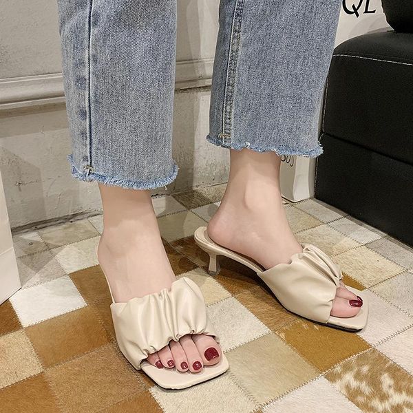slippers pleated square toe high heel women summer open outdoor quality pu leather slides sandals 2021, Black
slippers pleated square toe high heel women summer open outdoor quality pu leather slides sandals 2021, Black